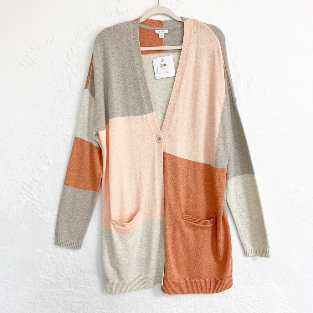 J. Jill Pure Jill Patchwork Color-Block Longline Cardigan Cotton Blend Sz L - Picture 2 of 11